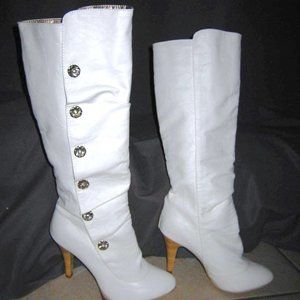 S-7,women's knee high white boots,stiletto heels,silver rhinestone buttons,